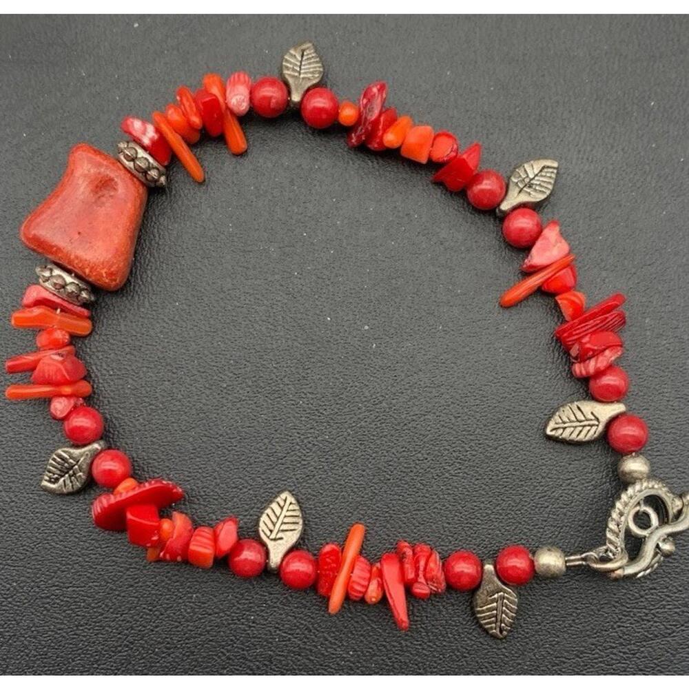 Silver‎ Tone And Red Coral Chip Toggle Closure Bracelet